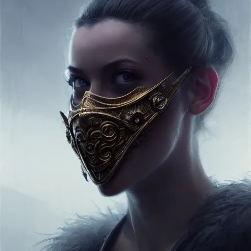 Image similar to Very very very very highly detailed epic photo of face with venetian mask, intricate, dystopian, sci-fi, extremely detailed, digital painting, artstation, concept art, smooth, sharp focus, illustration, intimidating lighting, incredible art by Greg Rutkowski