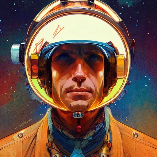 Image similar to a head and shoulders portrait of a space cowboy, neon, retro, steampunk, smooth, sharp focus, intricate, artstation, detailed concept art by Rutkowski and Mucha and sky sewa and Marc Simonetti