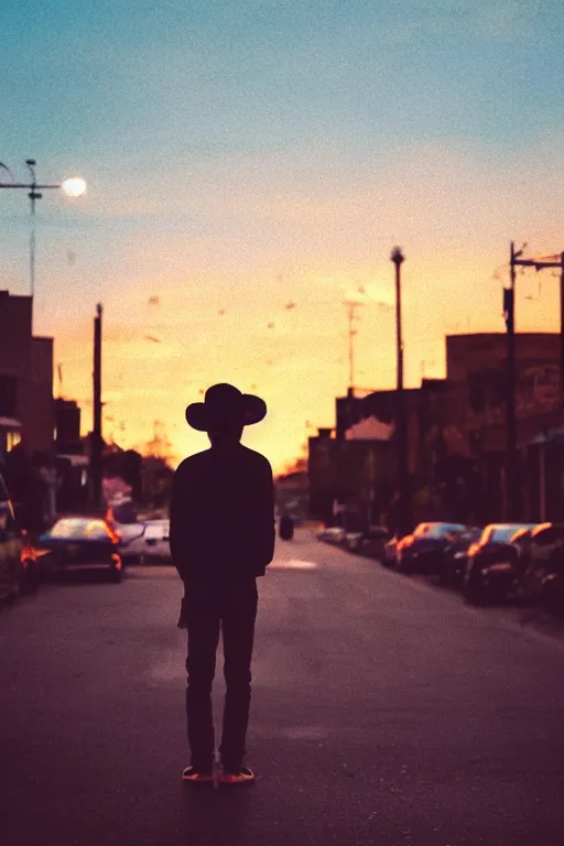 Image similar to kodak ultramax 4 0 0 photograph of a skinny guy wearing a hat standing in street, back view, looking at burning sky, grain, faded effect, vintage aesthetic, vaporwave colors,
