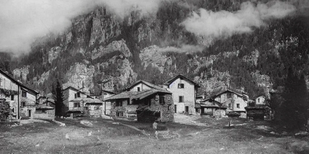 Image similar to 1920s photography of an isolated old village with ghostly wood buildings in the dolomites