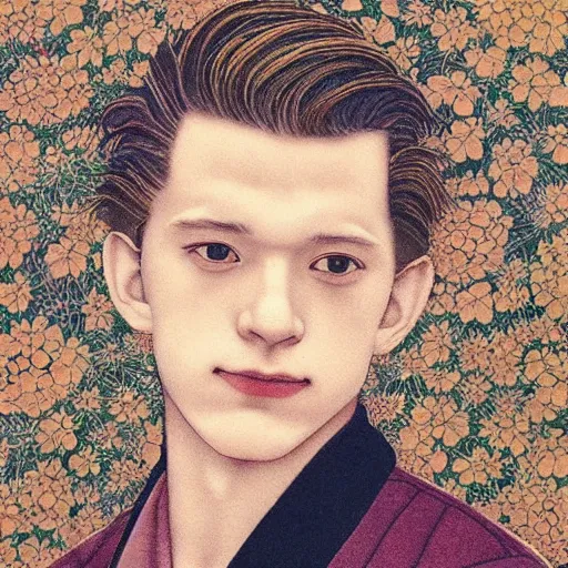 Prompt: “ tom holland portrait by ikenaga yasunari and ayana otake and ko rakusui, 6 0 s poster, drawing, realistic, sharp focus, japanese, dreamy, nostalgia, faded, golden hues, floral clothes ”