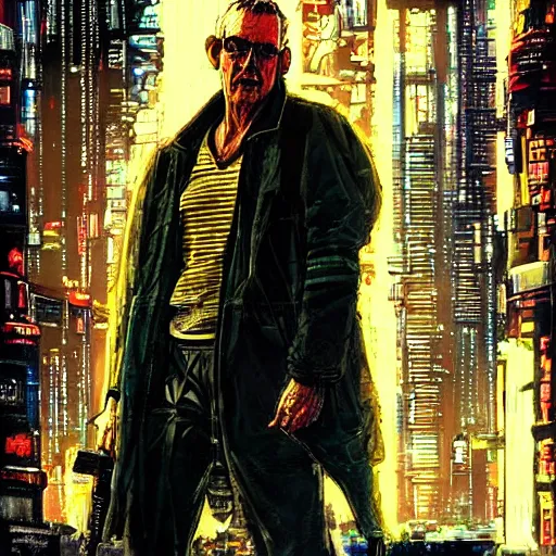 Image similar to Armitage from the novel Neuromancer, washed up, old ex military, old man, portrait shot, wires, cyberpunk, dramatic light, cyberpunk city in the background, movie illustration, poster art by Drew Struzan