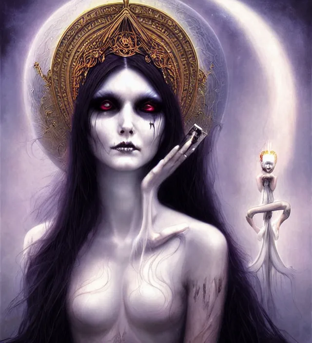 Prompt: ghostly goddess, undead, portrait, tarot card, digital art by artgerm and karol bak