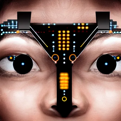 Prompt: portrait photo of a cybernetic cyborg half human face half robot face, circuitry, high tech, future