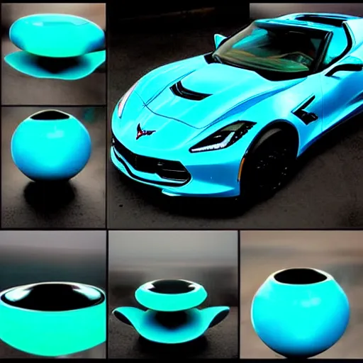 Prompt: a small dark luminous turquoise color liquid water sculpture is a corvette hybrid, corvette convertible, viscous, reflective, monochromatic, digital art