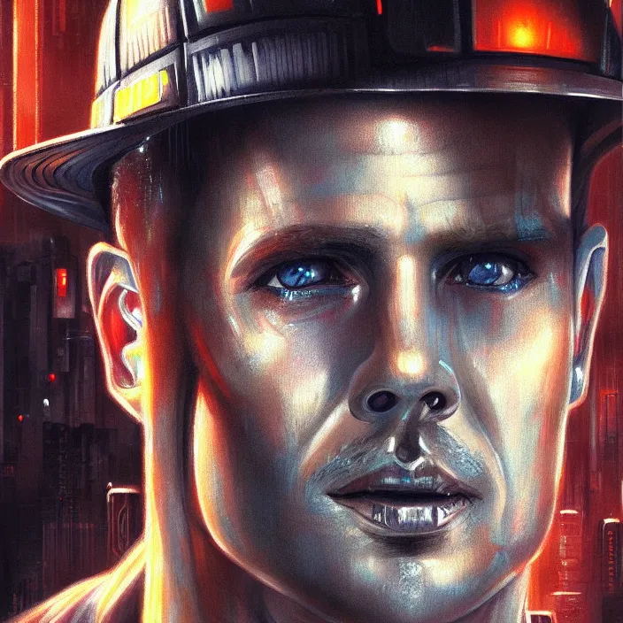 Prompt: excellent painted portrait of a replicant construction worker from blade runner (1982), cyberpunk blade runner art, character artwork, 8k resolution artwork, trending on artstation, detailed digital oil painting portrait