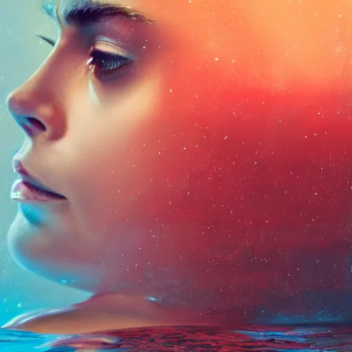 Prompt: Cara Delevigne with beautiful face and full body laying in a blood red pool of water between a bright golden glowing mirror frame, outside is space and inside the mirror frame is a beautiful landscape. Hyperrealistic surreal 4K IMAX Rene Margritte intricate, elegant, highly detailed, digital painting, artstation, concept art, smooth, sharp focus, illustration, art by artgerm, Francis bacon, HR Giger and greg rutkowski and alphonse mucha wide shot