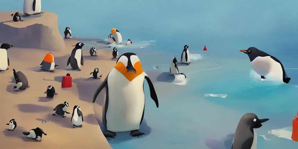 Image similar to cute cartoon penguins at the beach by Goro Fujita and Simon Stalenhag and Pixar, 8k, trending on artstation, hyper detailed, cinematic