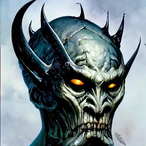 Prompt: head and shoulders portrait of a wraith king, d & d, fantasy, greg rutkowski, frank frazetta, alexandre chaudret, boris vallejo, michael whelan, miro petrov, hr giger, magali villeneuve, donato giancola