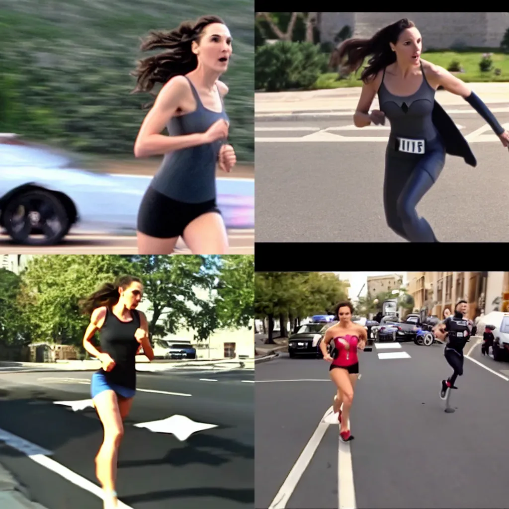 Prompt: dash cam screenshot of gal gadot running from the cops