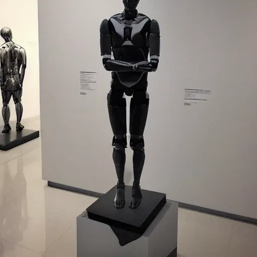 Image similar to “a realistic detailed photo of a guy who is an attractive humanoid who is half robot and half humanoid, who is a male android, actor Liam Hemsworth, shiny skin, posing like a statue, blank stare, at the museum, on display”