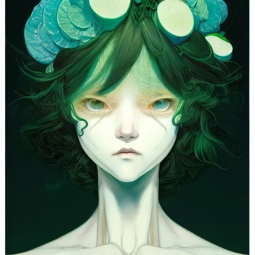 Image similar to prompt : ivory and blue and green portrait soft light painted by james jean and katsuhiro otomo and erik jones, inspired by evangeleon anime, smooth face feature, intricate oil painting, high detail illustration, sharp high detail, manga and anime 1 9 9 9