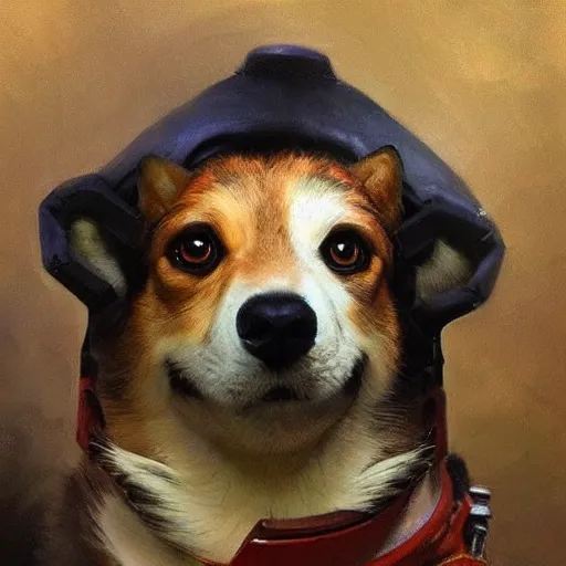 Prompt: a realistic portrait of the soviet space dog, artwork by gaston bussiere, craig mullins, trending on artstation, breed corgi and doodle mix