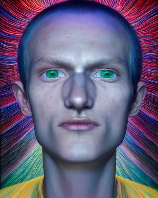 Prompt: portrait ultra dimensional vitalik buterin entity, accidentally tripping on dmt and acid, psychedelic experience, overwhelming psychosis of self realization and burning awakening, ultra high definition, unreal engine 5, hyperrealism, masterpiece composition, by casey weldon, barclay shaw 8 k photorealistic