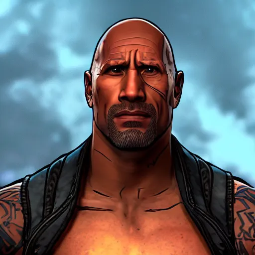 Image similar to dwayne douglas johnson portrait, borderlands, tales from the borderlands, the wolf among us, comic, cinematic lighting, studio quality, 8 k