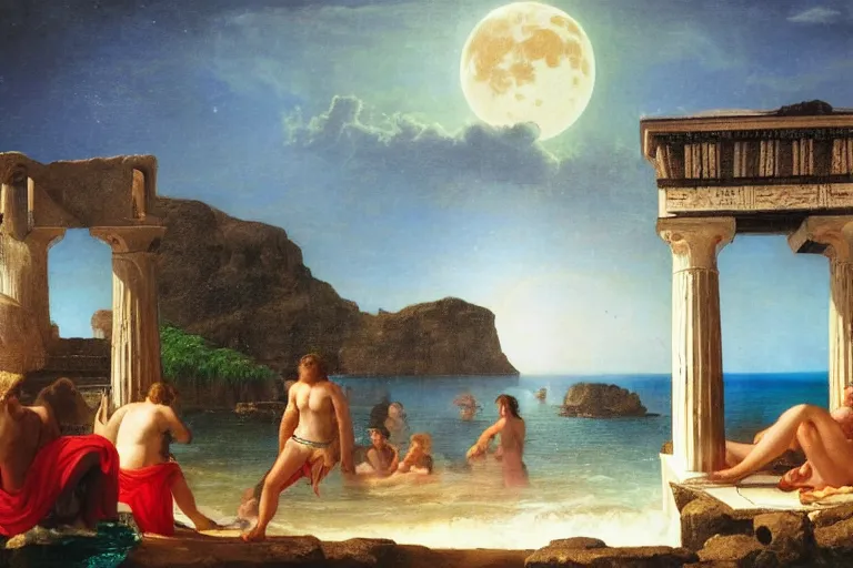 Image similar to The giant greek arch, refracted moon on the ocean, thunderstorm, greek pool, beach and Tropical vegetation on the background major arcana sky and occult symbols, by paul delaroche, hyperrealistic 4k uhd, award-winning, very detailed paradise