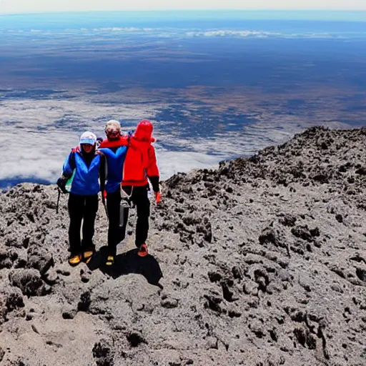 Prompt: two proud climbers on the top of kilimanjaro, super detail, realistic professional photo