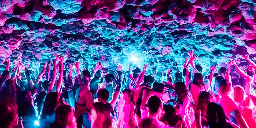 Image similar to cinematic shot of a goth disco nightclub in a cave, sphere of knives made of pink lasers and blue crystals, people dancing, 8k photo, award winning, masterpiece