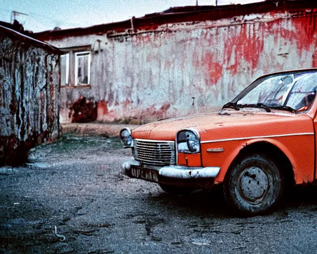 Image similar to a lomographic photo of old lada 2 1 0 7 standing in typical soviet yard in small town, hrushevka on background, cinestill, bokeh