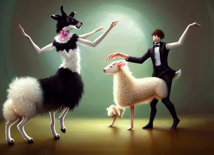 Image similar to wide shot painting of a male anthropomorphic border collie fursona dancing with a cute female anthropomorphic sheep fursona in a ballroom, beautiful, intricate, elegant, realistic proportions, highly detailed, scenic background, trending on artstation, art by charlie bowater and henry asencio and and ross tran