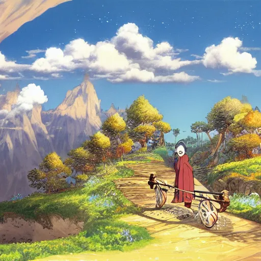 Image similar to a fantasy landscape painted by hayao miyazaki