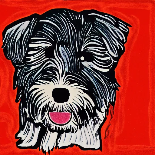 Image similar to tlingit haida lithographic, havanese dog, abstract, simple colors, lithograph print by nathan jackson and tristan - wolf reg davidson clifton guthrie maynard johnny jr.