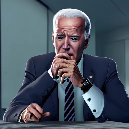 Prompt: joe biden smoking a joint, gta artstyle, wide shot, dramatic lighting, octane render, hyperrealistic, high quality, highly detailed, HD, beautiful, cinematic, 8k, unreal engine, facial accuracy, anatomical accuracy, symmetrical