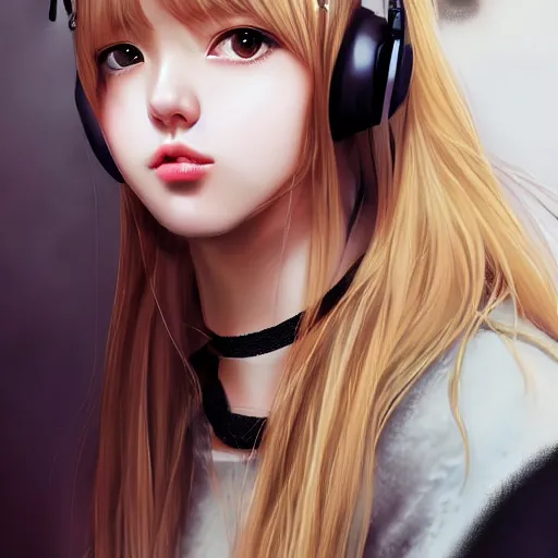 Image similar to realistic beautiful gorgeous natural cute Blackpink Lalisa Manoban blonde hair cute fur blonde cat ears wearing headphones wearing black leather choker in sweaters outfit golden eyes artwork drawn full HD 4K highest quality in artstyle by professional artists WLOP, Taejune Kim, Guweiz, ArtGerm on Artstation Pixiv