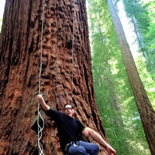 Image similar to steve carrell climbing a giant redwood tree with his claws