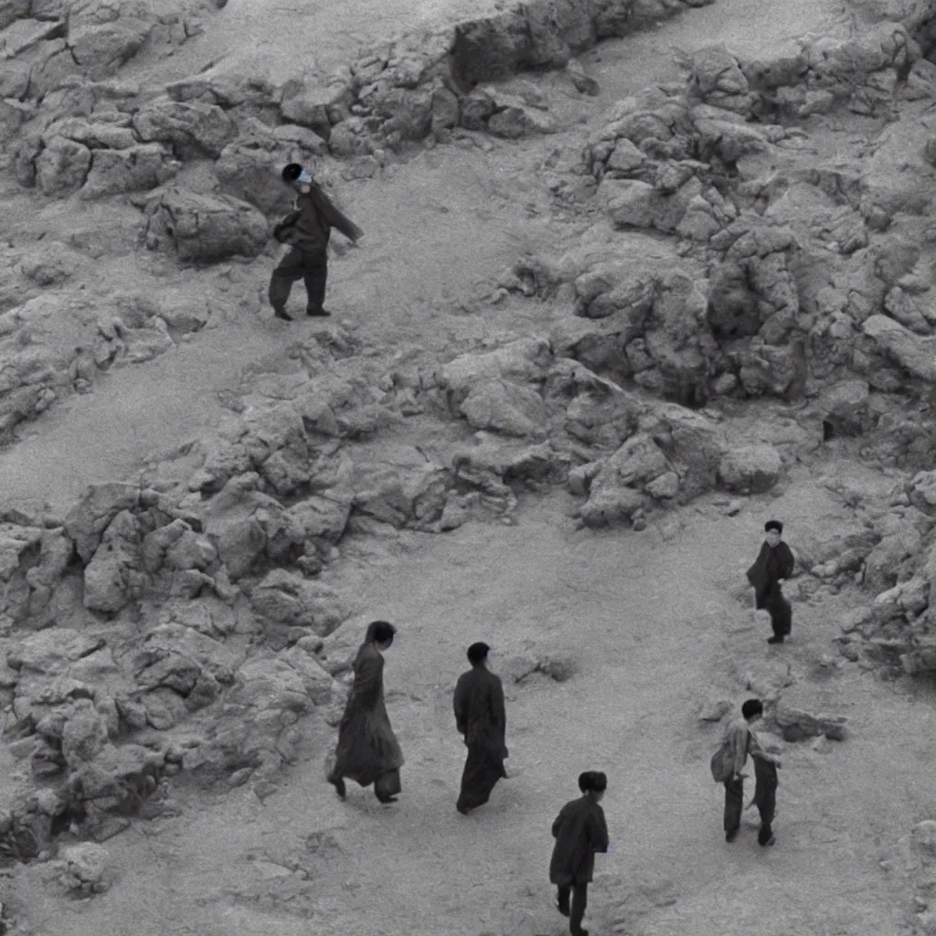 Prompt: low resolution filmstill of a north Korean thriller in the style of Akira Kurosawa, Fritz Lang, Jeff Wall