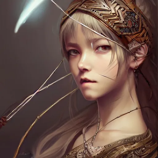 Image similar to beautiful extremely detailed intricate concept art depicting an archer by wlop. semi - realism. anime face. shining jewelry. grey atmosphere. particles in the background. bcy. net