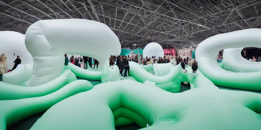 Prompt: inflatable upscaled white biomorphic adult bouncy castle playground inside interior with people dressed light - mint laying on the floor by anish kapoor and cj hendry, with warm soft illumination, top down view, telephoto lens, shallow depth of field