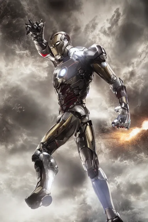 Image similar to ryan reynolds in a silver and black nano technology iron man suit, cinematic, volumetric lighting, f 8 aperture, cinematic eastman 5 3 8 4 film, photorealistic