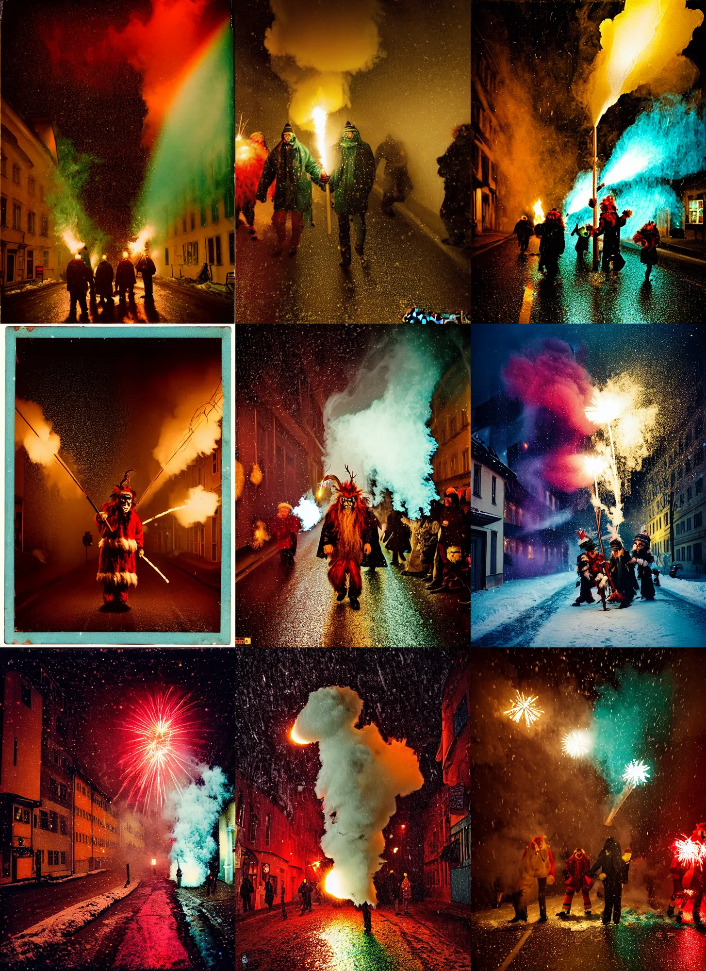 Prompt: kodak portra 4 0 0, wetplate, winter, snowflakes, rainbow coloured rockets, chaos, glitter tornados, award winning dynamic photo of a bunch of hazardous krampus between exploding fire barrels by robert capas, motion blur, in a narrow lane in salzburg at night with colourful pyro fireworks and torches, teal lights