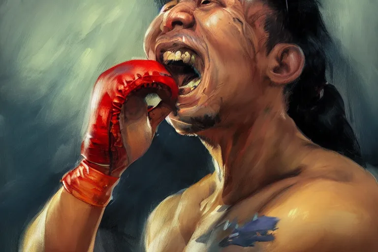 Image similar to greg manchess portrait of a filipino mma fighter uncontrolable laughter, profile picture, organic painting, sunny day, matte painting, bold shapes, hard edges, street art, trending on artstation, by huang guangjian, gil elvgren, ruan jia, randy vargas, greg rutkowski