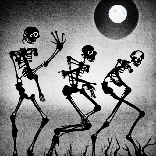 Prompt: Macabre Dancing skeletons eerie moonlit under water scene