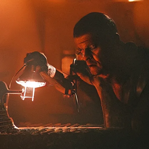 Image similar to gun made from old egg beater, balding older cyborg repairing, red hot soldering iron, dark messy smoke - filled cluttered workshop, dark, dramatic lighting, orange tint, cinematic, highly detailed, sci - fi, futuristic, movie still from blade runner