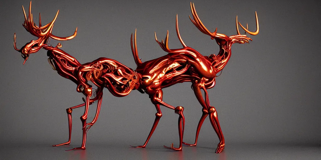 Image similar to stylized shiny polished gold statue full body bizarre extra limbs cosmic horror quadruped animal moose deer skull four legs made of marble of slug worm creature tendrils perfect symmetrical body perfect symmetrical face hyper realistic hyper detailed by johannen voss by michelangelo octane render blender 8 k displayed in pure white studio room anatomical deep red arteries veins flesh hell