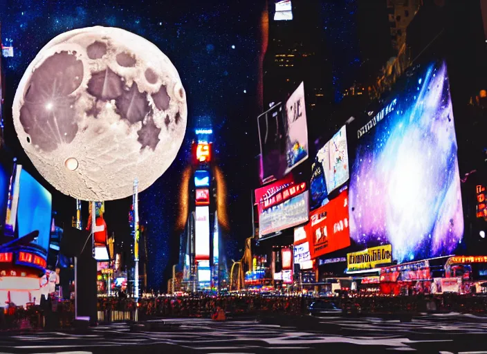 Image similar to film still of the moon shattering into pieces exploding moon over time square in the new disaster, 8 k, night time