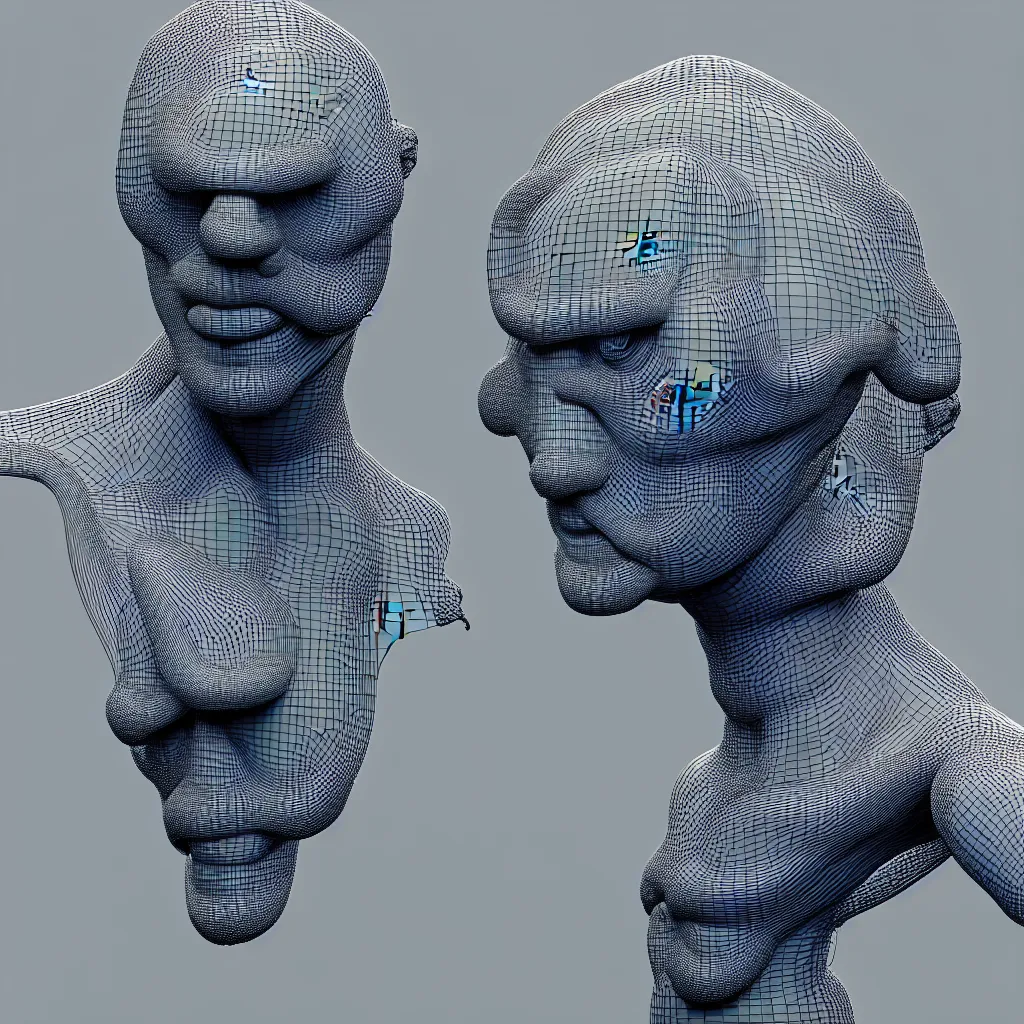 Prompt: 3 d render of a wireframe of a melted human head, sculpture, chrometype, liquid metal, neotribal, raytraced, volumetric lightning, 8 k, by zhelong xu, tooth wu, wlop, ouchh and and innate studio