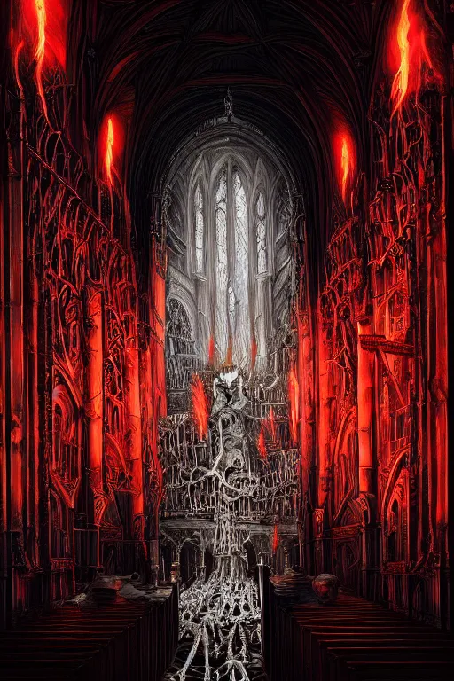 Image similar to a beautiful and terrifying painting with high details of a church made of white bones and skeletons, with white bones in the foreground, red energetic flame burningmovie atmosphere, movie lights, 8 k, light effect, rtx on, trending on artstation, by kilian eng, lee madgwick, bastien lecouffe - deharme