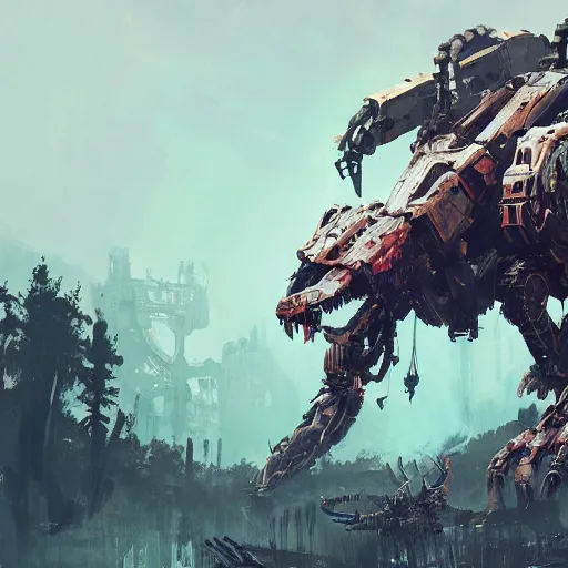 Prompt: machine beast, by Ismail Inceoglu, horizon zero dawn, mechanical, detailed, complex, brushstrokes, monster, creature, illustration, concept art, 4K