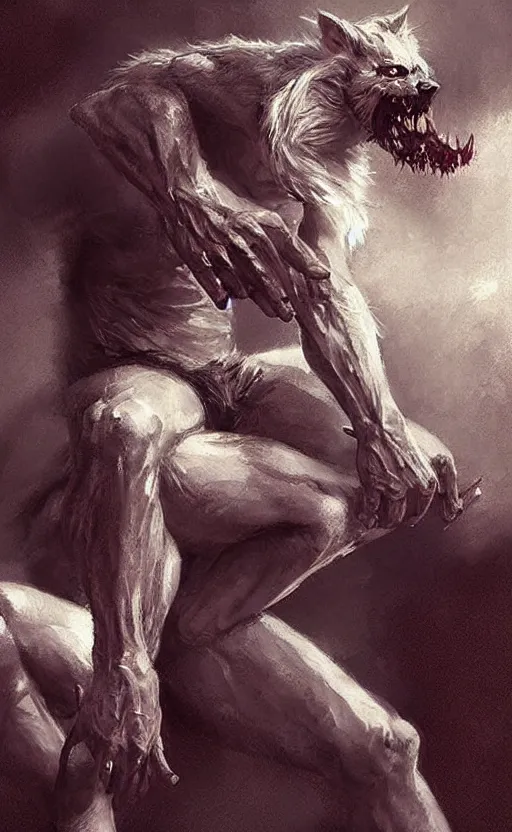 Prompt: Portrait of a zombie werewolf sitting down, male, muscular, bare thighs!!!, simple clothing!!!!!, fantasy, medieval, highly detailed, cinematic lighting, digital art painting by greg rutkowski