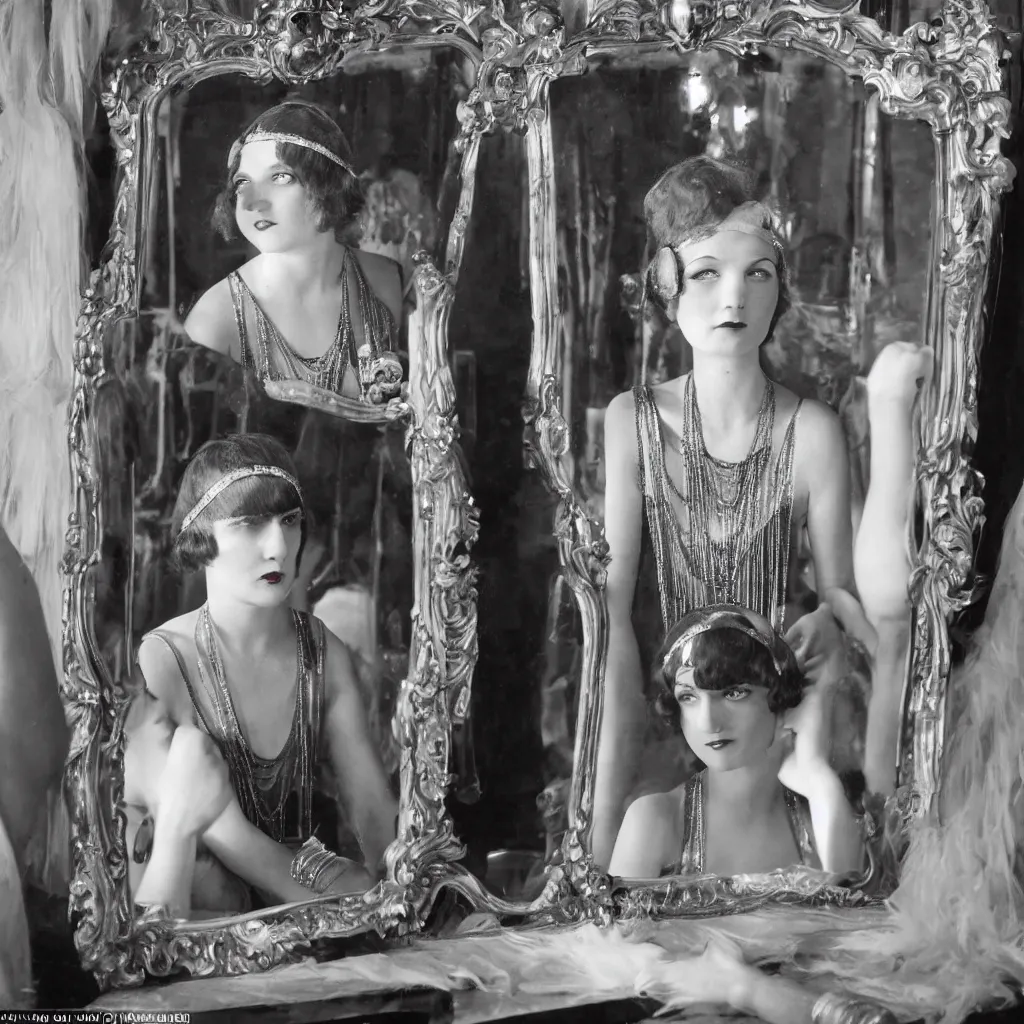 Prompt: a 1 9 2 0 s flapper beautiful woman reflected in an ornate mirror sees a ghostly old hag looking over her shoulder