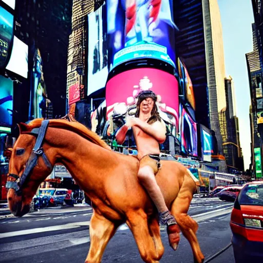 Prompt: an extremely realistic photograph of a centaur with the head mane and torso of a horse, but human legs running through times square