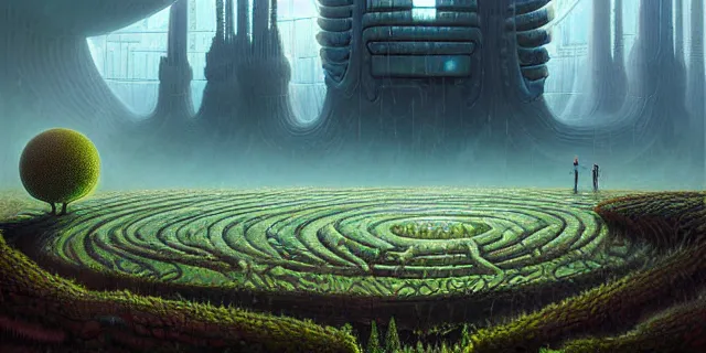 Prompt: painting alien nature labyrinth consuming futuristic mega city from blade in the style of nebulapunk by tomasz alen kopera and daniel lieske with futuristic castle by simon stahlenhag