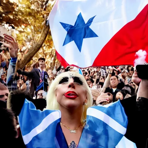 Image similar to Lady Gaga as president, Argentina presidential rally, Argentine flags behind, bokeh, detailed face, Argentina