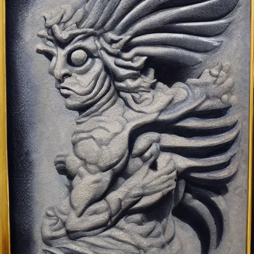 Prompt: polished rectangular stone with demon wings and a subtle male demon face engraved in the stone, oil painting, detailed, realistic