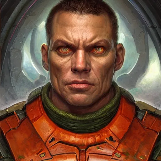 Prompt: the doomguy as a realistic d & d fantasy character, closeup portrait art by donato giancola and greg rutkowski, vintage retro, realistic face, digital art, trending on artstation, symmetry!!