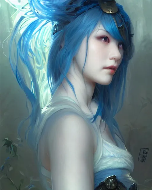 Image similar to stunningly beautiful female blue hair, cute japanese actressr, fantasy art, fae priestess, lush dark forest landscape, fireflys at night, sharp focus, digital painting, 8 k, concept art, art by wlop, artgerm, greg rutkowski and alphonse mucha